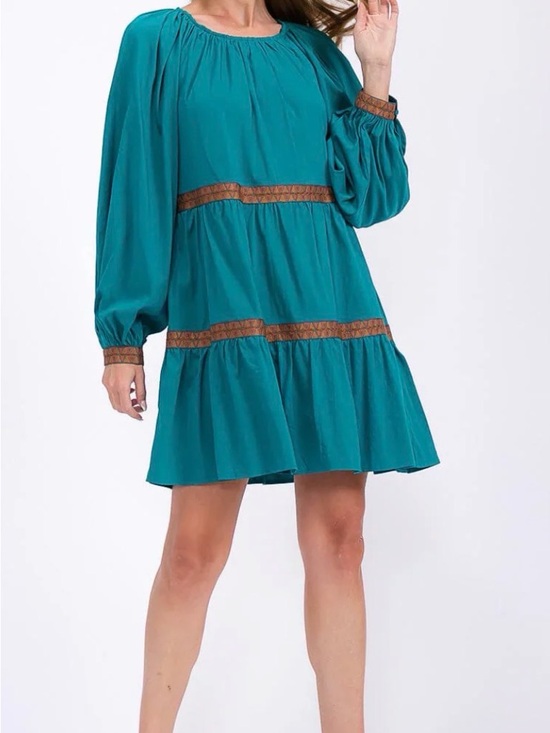 Strut & Bolt Teal Tiered Mini Dress With Contrast Trim, Size Small Nwt